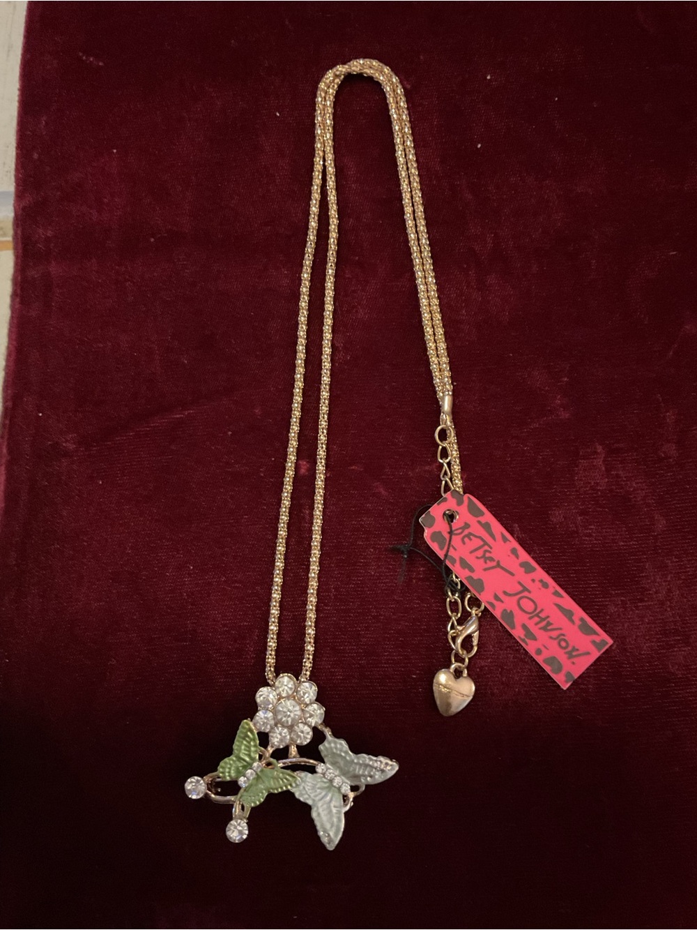 NWT Betsey Johnson Gold Green & Clear Crystal Flower & Butterfly Necklace